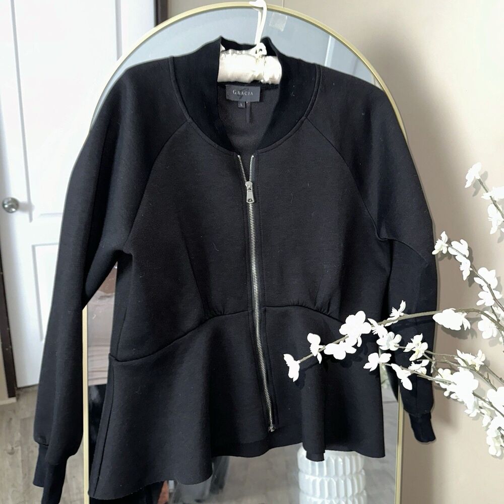 Gracia Womens Black Zip Front Peplum Work Suite Jacket‎ Business Size L